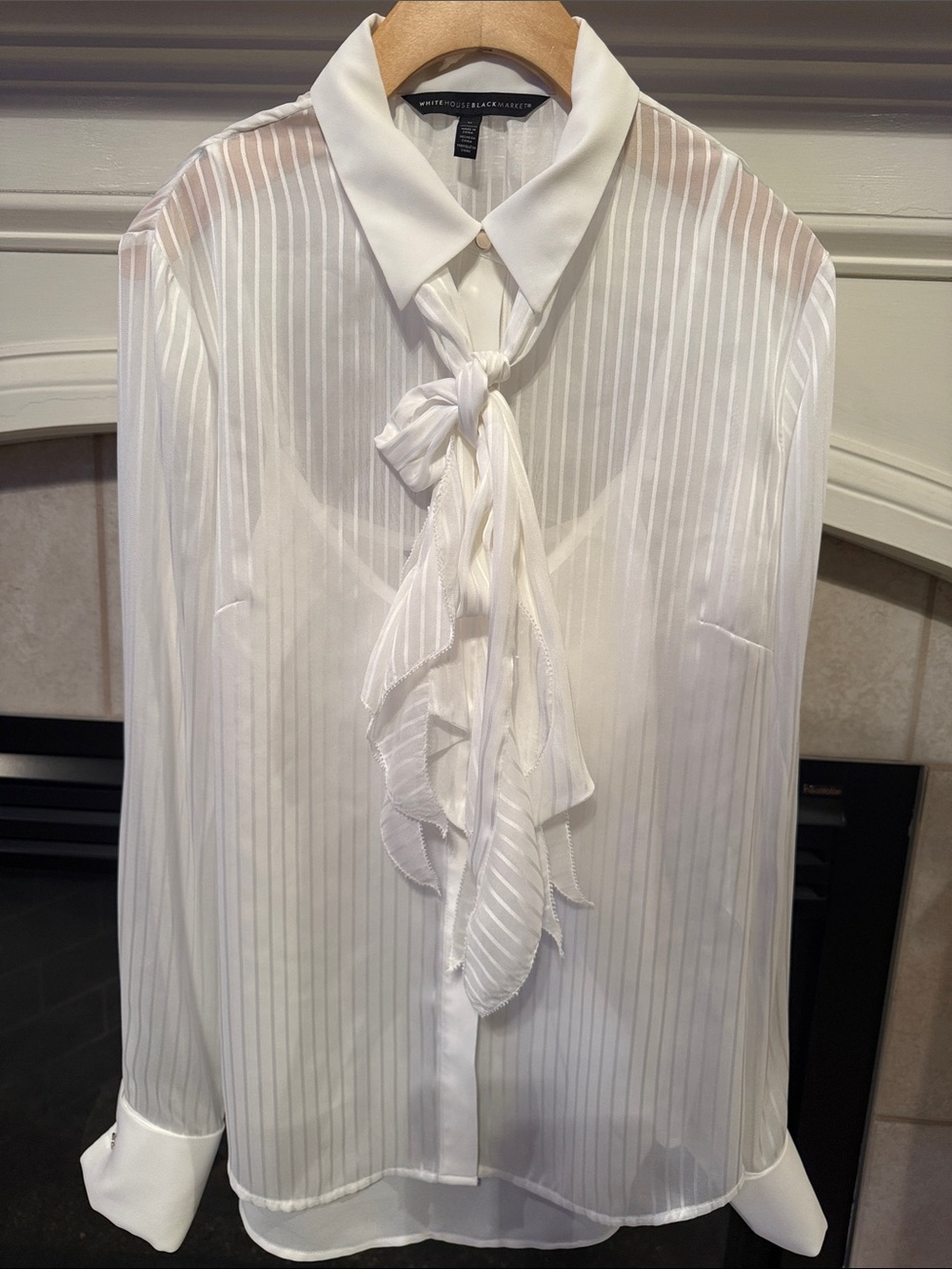 White House Black Market Sheer White Ruffled Tie-Neck Blouse Cuff Link Style